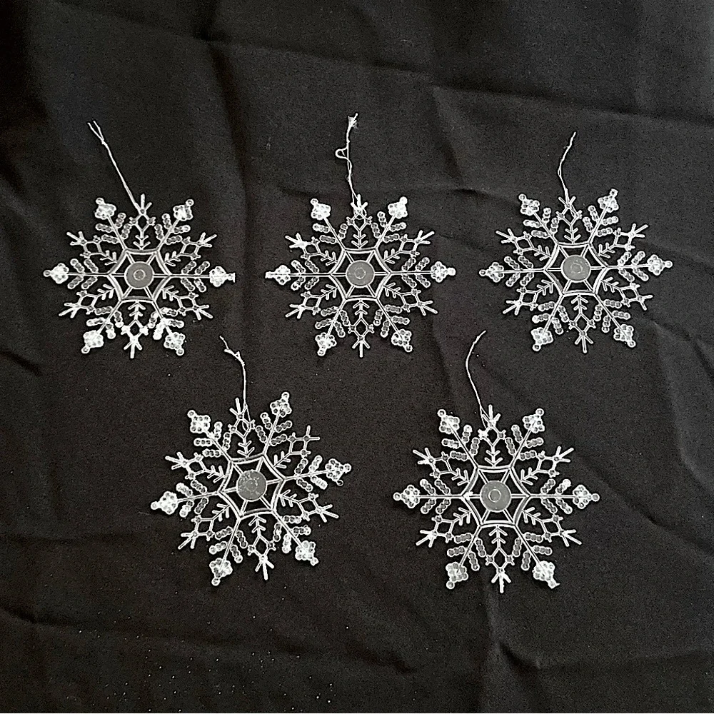 Glittery Transparent Snowflake Ornaments Set of 5 Plastic